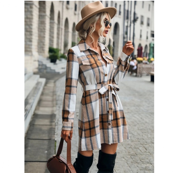 Plaid Long Sleeve Button Front Tie Belted Short Shirt Style Dress - Picture 6 of 10
